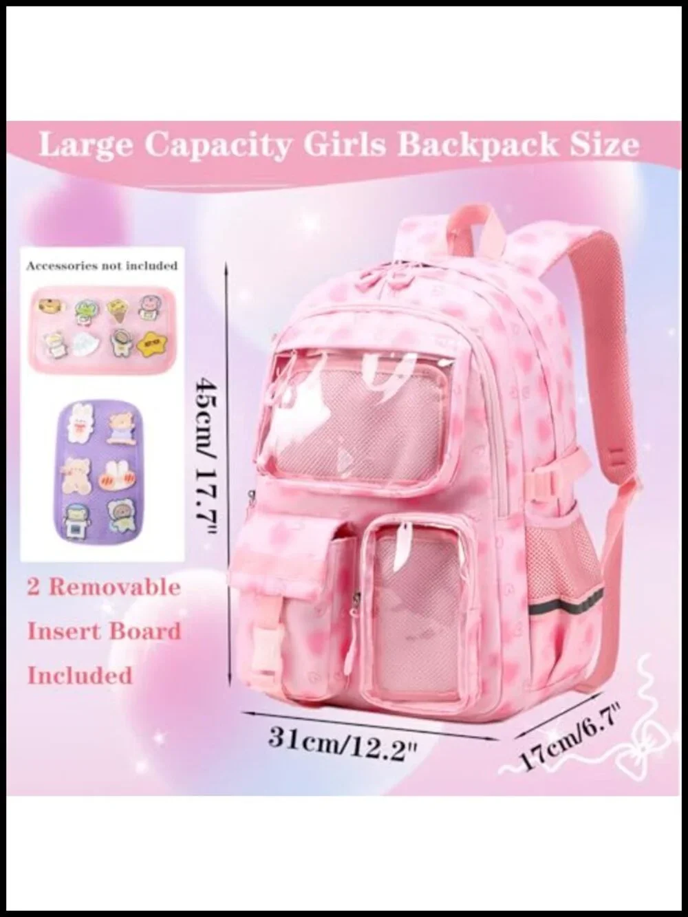 Cute Aesthetic Kawaii Backpack with Pin Display Window Kids School Bookbag